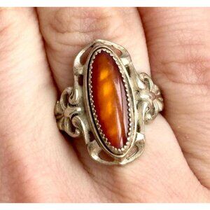 Fire Sunstone Accented Orante Shank Sterling Silver 925 Vintage Ring - sz 6.5